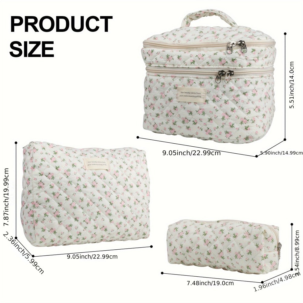 Makeup Bag Three-Piece Quilted Cotton Dual-Layer Floral Pouch Set for Travel, Vanity and Everyday Beauty Storage