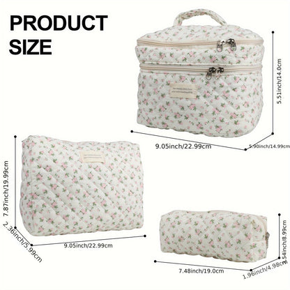 Makeup Bag Three-Piece Quilted Cotton Dual-Layer Floral Pouch Set for Travel, Vanity and Everyday Beauty Storage