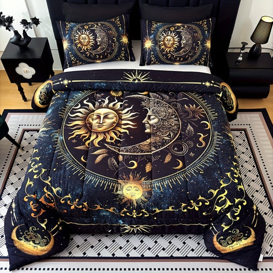 Sun Moon and Planet Print Comforter Set in Black with Twin, Full, Queen and King Size Options