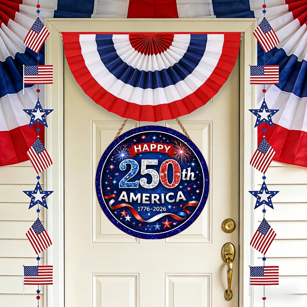 Patriotic Wooden Door Sign 250th Anniversary 1776-2026 Retro Round Wreath 4th of July Independence Day Hanging Decoration Home Porch Outdoor