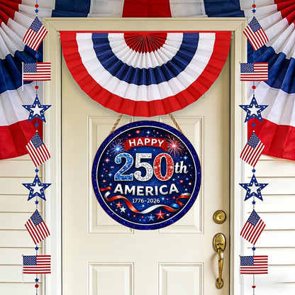 Patriotic Wooden Door Sign 250th Anniversary 1776-2026 Retro Round Wreath 4th of July Independence Day Hanging Decoration Home Porch Outdoor