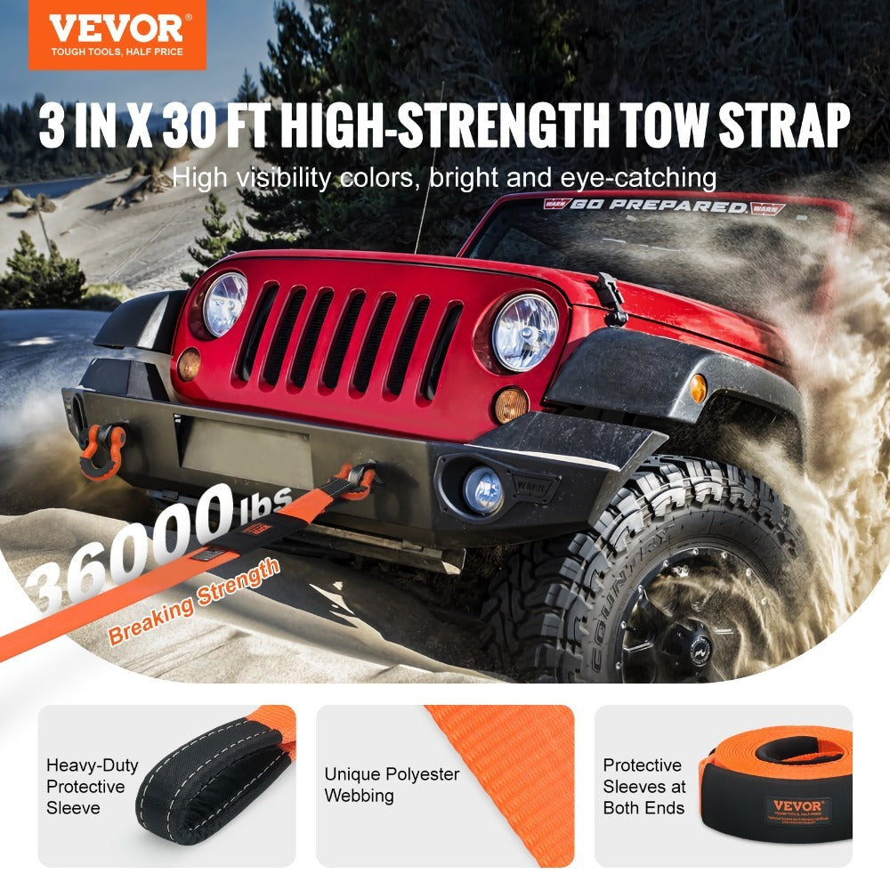Tow Strap Recovery Kit 3 Inch x 30 ft Breaking Strength Triple Reinforced Loop Sleeves D-Ring for Entryways, Bedrooms and Living Spaces