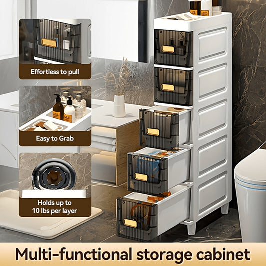 Storage Cabinet Slim PP Drawer Tower with Wheels, Pull-Out Bins and Three, Four or Five Layers