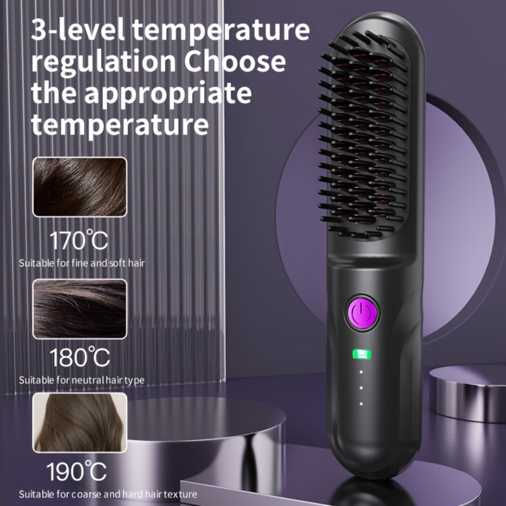 Wireless Hair Straightener Comb - Portable Cordless Straightening Brush with 3-Min Fast Heat, 3 Temp Settings 170-190°C