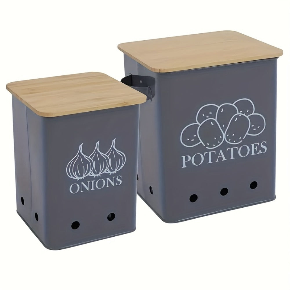 Kitchen Storage Canister Potato Onion Storage Bin Aerating Ventilation Holes Wooden Lid for Home Cooking, Dining and Outdoor Meals