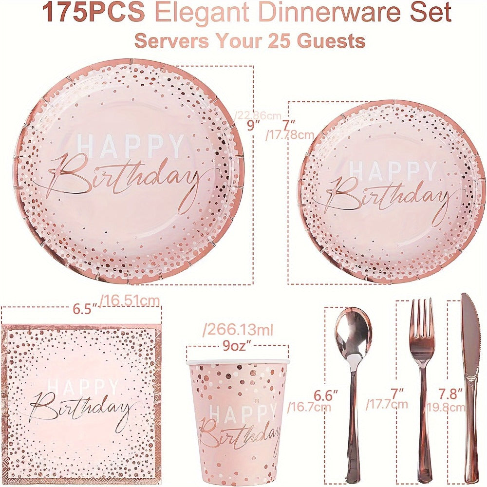 Birthday Party Plates and Napkins Set 175pcs Pink Rose Gold Disposable Tableware Forks Knives for Entryways, Bedrooms and Living Spaces