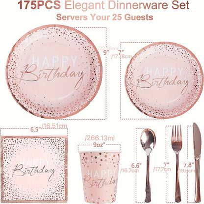 Birthday Party Plates and Napkins Set 175pcs Pink Rose Gold Disposable Tableware Forks Knives for Entryways, Bedrooms and Living Spaces