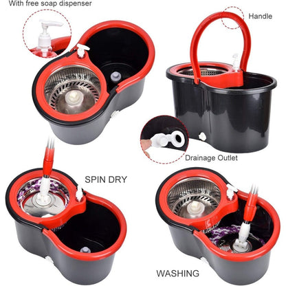 360 Spin Mop and Bucket Set with Wringer – Stainless Steel Extended Handle Spinning Mop Bucket System with Microfiber Mop Refills