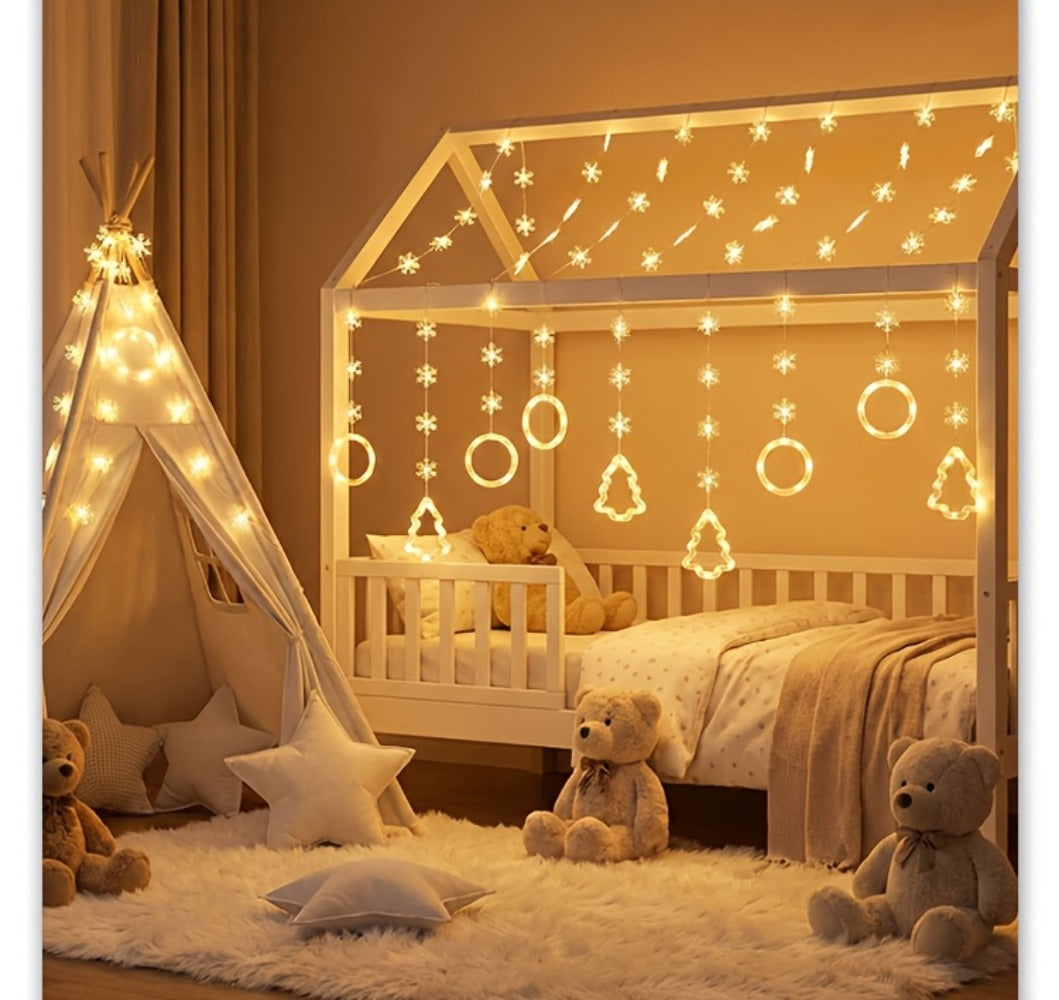 String Lights, 118-Inch USB Holiday Curtain with Ten Snowflake or Star-and-Tree Drops for Indoor Display