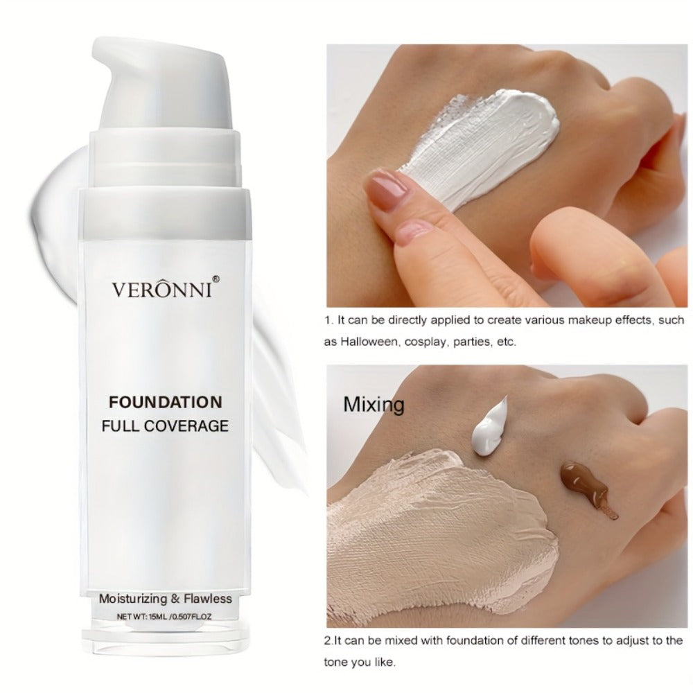 VERONNI White Matte Liquid Foundation Two-Bottle Set with Pump Dispensers and Full-Coverage Label