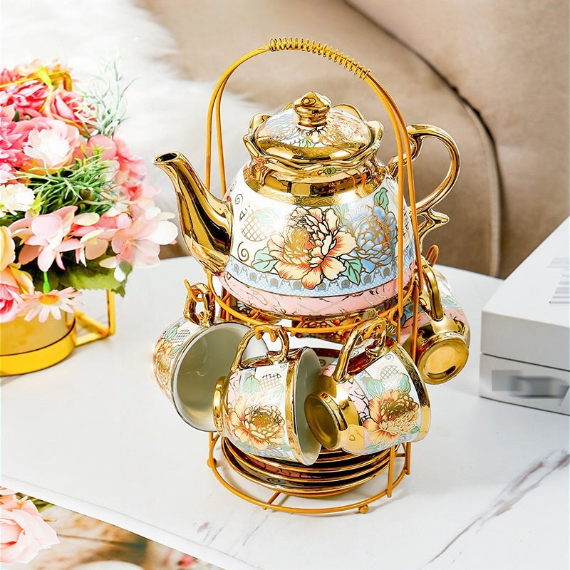European Floral Ceramic Tea Set 20 Pcs – Italian Style Afternoon Tea Set with Metal Stand – Blooming Pattern Teapot & Cups