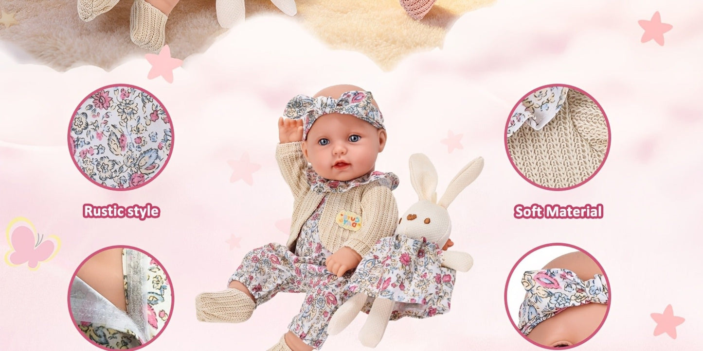 Floral Dress Baby Doll 12 Inch with Rabbit Plush Toy Gift Set, Realistic Vinyl Doll with Floral Outfit