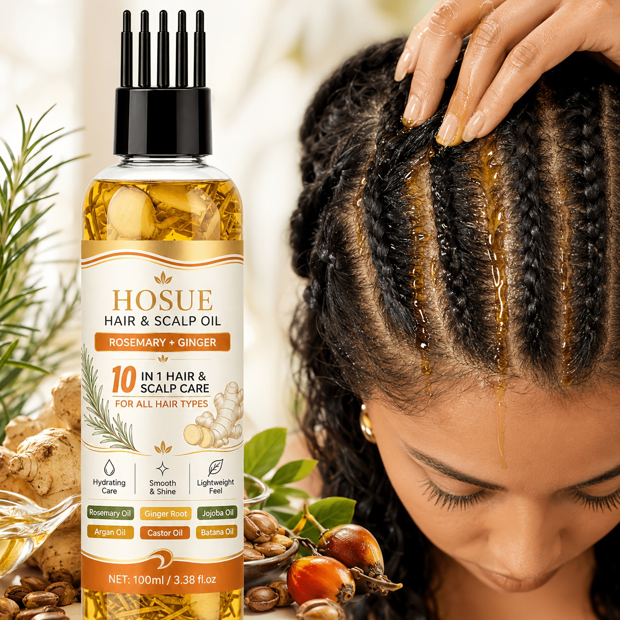 Hair Growth Oil 10-in-1 Botanical Herbal Blend Batana Rosemary Fenugreek Castor Red Onion Ginseng Turmeric Pumpkin Seed Nourishes