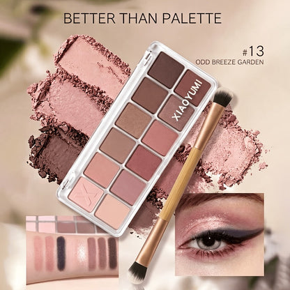 Eyeshadow Palette 12-Shade Neutral Pink and Brown Compact with Clear Lid and Brush Accessory