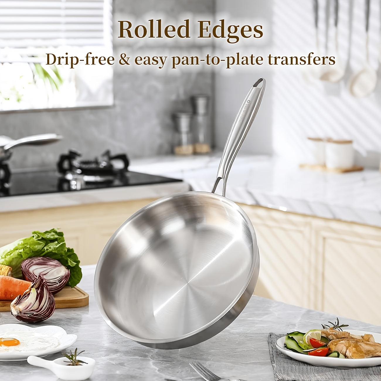 304 Stainless Steel Frying Pan 11 Inch Triply Base, Handle Even Heat Distribution for Home Cooking, Dining and Outdoor Meals