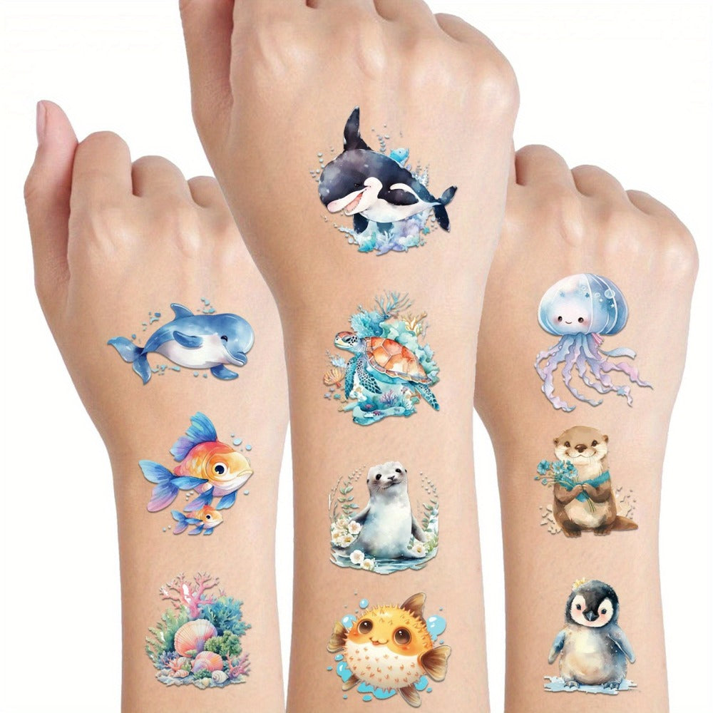 Ocean Animals Temporary Tattoo Stickers 12 Sheets 48 Designs Underwater Sea Creatures Cartoon Vibrant Body