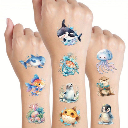 Ocean Animals Temporary Tattoo Stickers 12 Sheets 48 Designs Underwater Sea Creatures Cartoon Vibrant Body