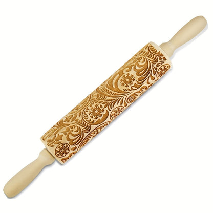 Embossed Wooden Rolling Pin with Engraved Pattern, Decorative Patterned Rolling Pin for Cookie Baking