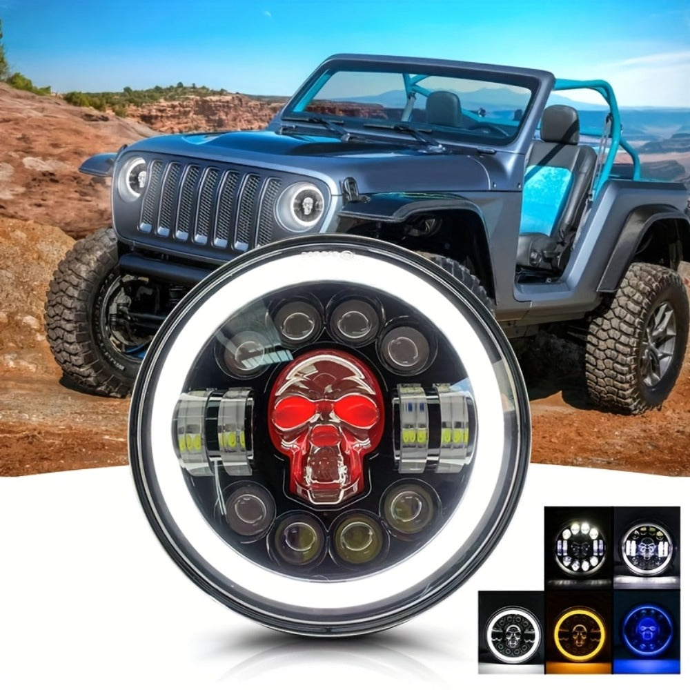 7 Inch Motorcycle LED Headlight Skull Ghost Design – Colorful Demon Eye Round Head Lamp, Custom Car Headlight Modification Front Light