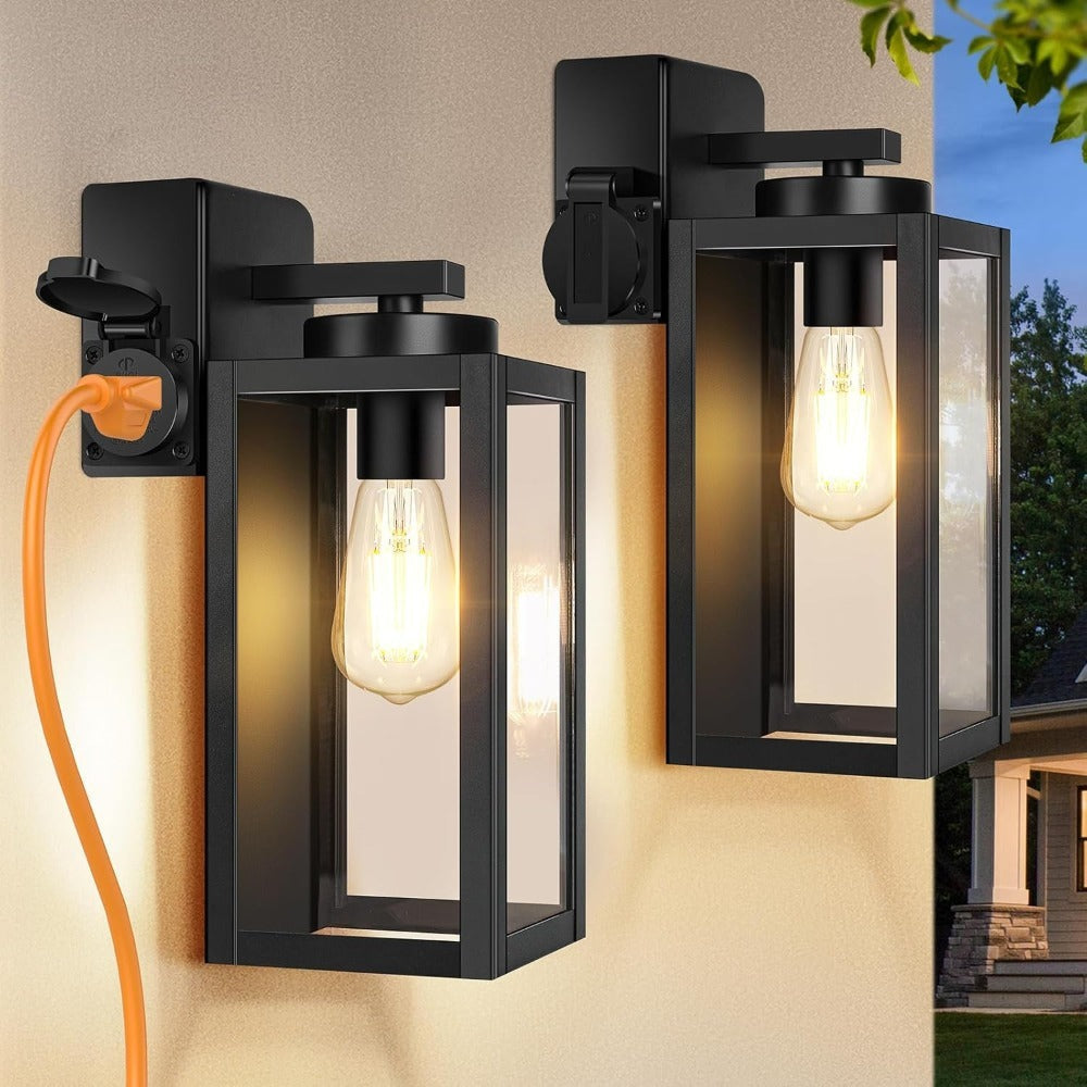 Outdoor Wall Light with Outlet 2-Pack - Modern Exterior Porch Wall Sconce Lighting Fixture for Front Door