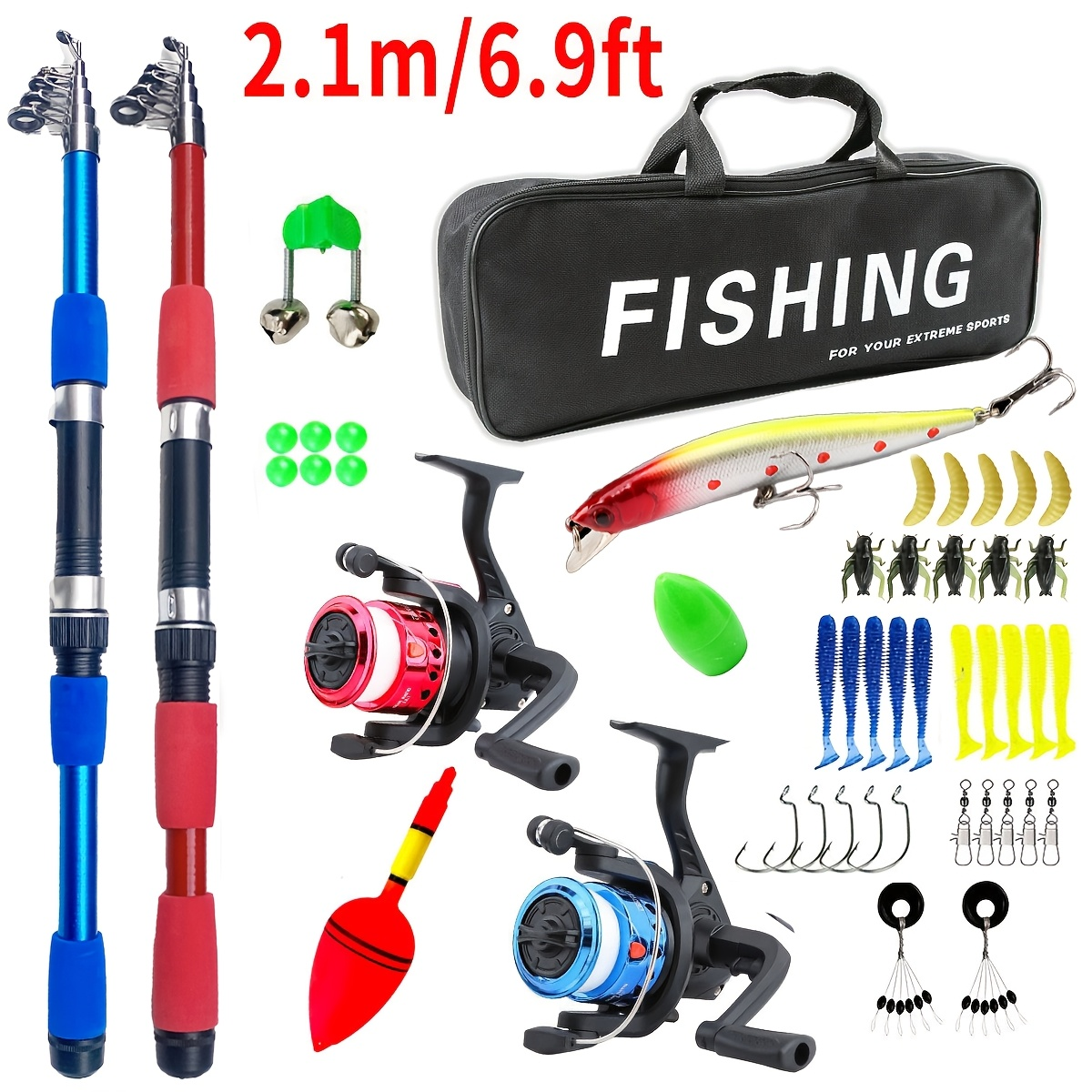 Beginner Fishing Rod & Reel Set – Couple Double Rod Wheel Kit with Red & Blue Fishing Poles 70.87" & 82.68"