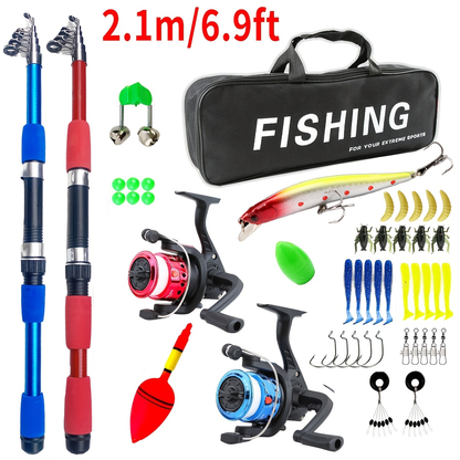 Beginner Fishing Rod & Reel Set – Couple Double Rod Wheel Kit with Red & Blue Fishing Poles 70.87" & 82.68"