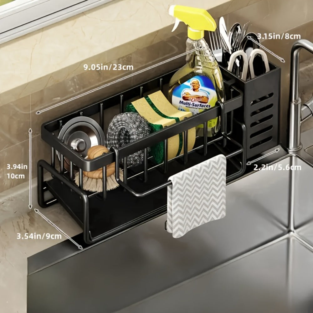 Kitchen Sink Organizer Sponge Holder with Self-Draining Tray Removable Rag Rod Carbon Steel for Home Cooking, Dining and Outdoor Meals