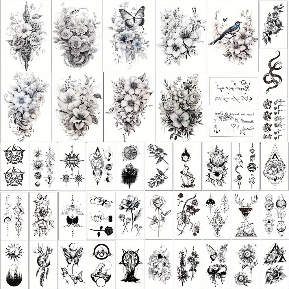 Temporary Tattoos GLARYYEARS 44-Sheet Black Floral, Butterfly and Snake Set with 9 Large and 35 Small Designs