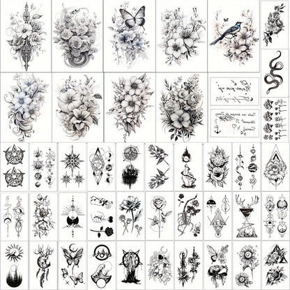 Temporary Tattoos GLARYYEARS 44-Sheet Black Floral, Butterfly and Snake Set with 9 Large and 35 Small Designs