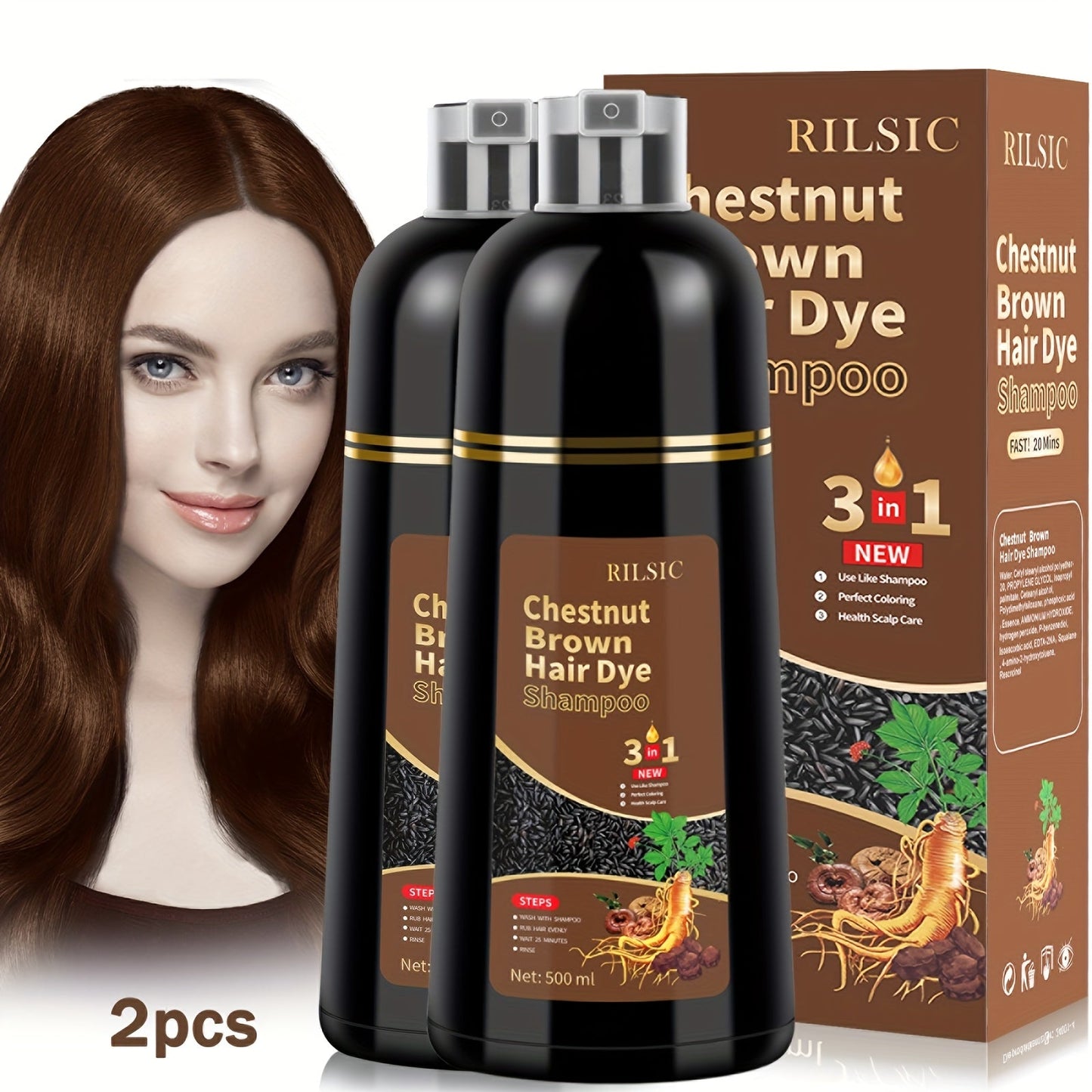 Grey Hair Coverage Shampoo 2 Pack 3-in-1 Herbal Hair Dye Kit with Plant-Based Squalane Colors for Bath Time, Home Spa and Personal Care