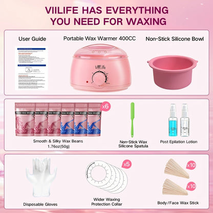Hard Wax Warmer Kit 43 Piece Complete Home Waxing Set with Pink Hard Wax Beads – No Strip Hair Removal for Face Eyebrow Body Brazilian