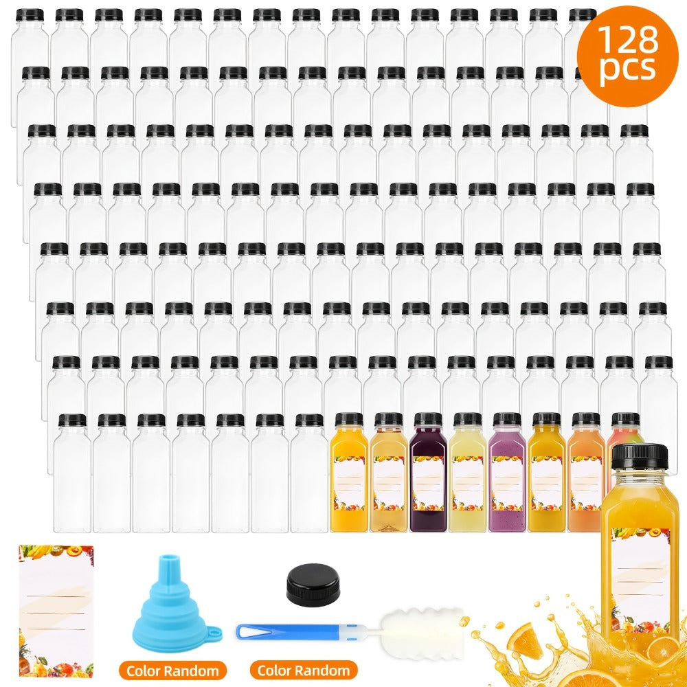 Plastic Juice Bottles with Caps 128pcs Bulk - Clear Reusable Beverage Bottles with Lids for Entryways, Bedrooms and Living Spaces