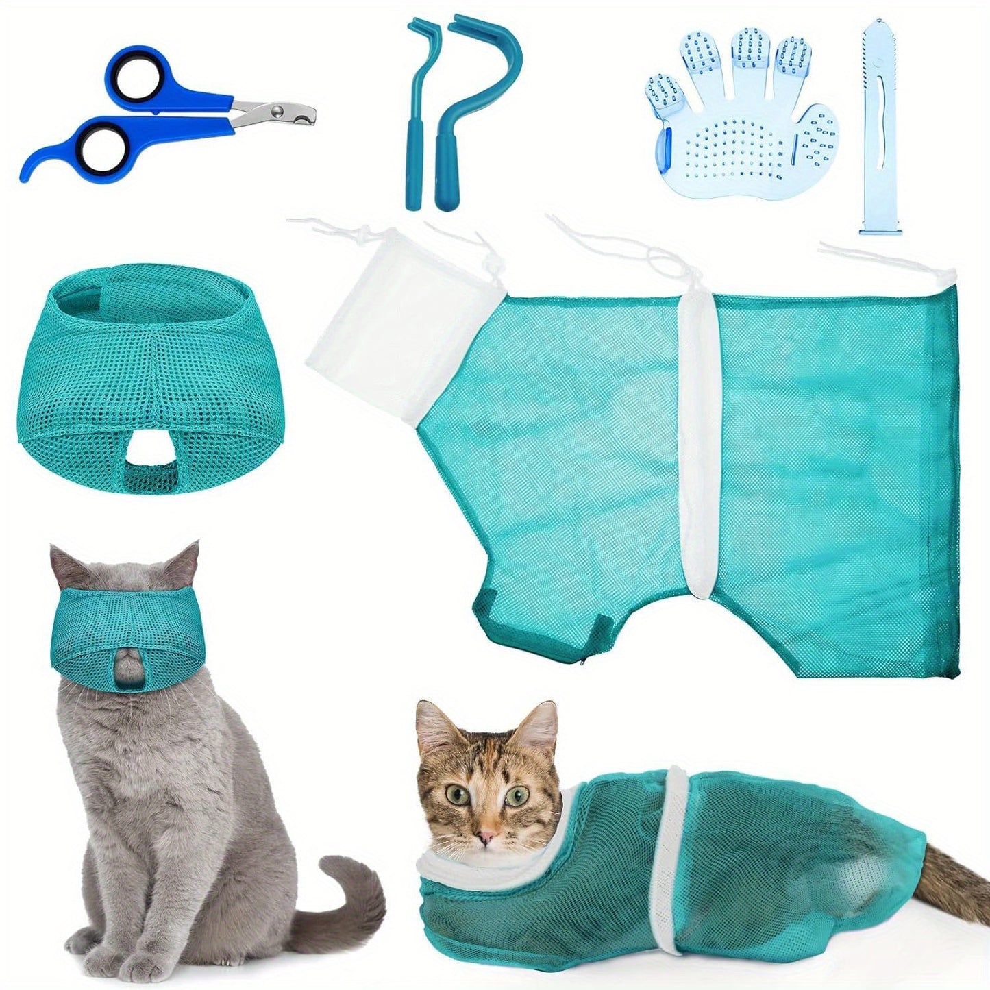 Cat Grooming Kit 5-Piece Set – Adjustable Bathing Bag, Nail Clippers, Flea Comb, Massage Brush & Grooming Net | Complete Cat Care Tools