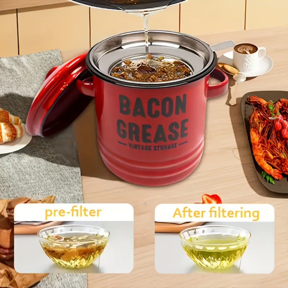 Bacon Grease Container with Lid, Large Grease Storage Can with Heat-Resistant Filter, Silicone Spatula & Cleaning Sponge Set