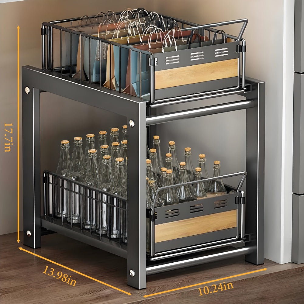 Two-Tier Pull-Out Cabinet Organizer with Dual Wire Baskets, 17.71 x 13.98 x 10.24 Inch Frame in Black or White