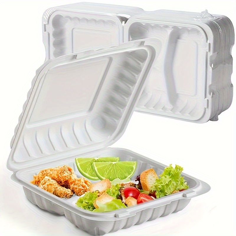 Disposable Food Containers Take Out Boxes with Lids - 7" 8" 9" Plastic Clamshell Meal Prep Containers 1 & 3 Compartment Reusable White