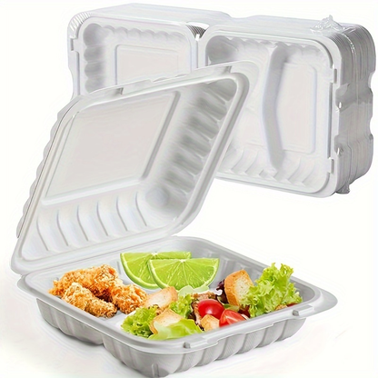 Disposable Food Containers Take Out Boxes with Lids - 7" 8" 9" Plastic Clamshell Meal Prep Containers 1 & 3 Compartment Reusable White