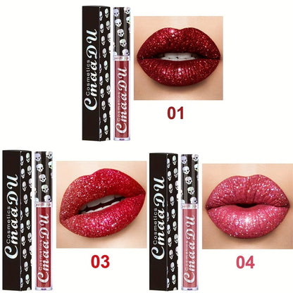 Glitter Lip Gloss Set 3pcs Skull Design Shimmer Liquid Lipstick Long Lasting Easy Remove Bold Shiny Lip Color for Music Festival Rave Party