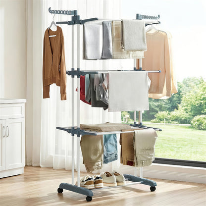 Clothes Drying Rack 4-Tier Foldable Metal Laundry Rack with Rolling Casters, Holds 30+ Garments, Adjustable Shelf Heights