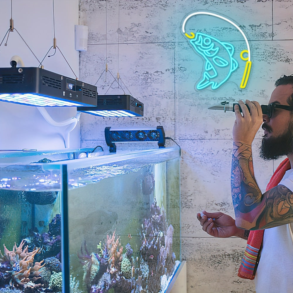 Fishing Neon Sign LED Wall Decor, Dimmable Multicolor Go Fishing Hook Neon Light for Man Cave, Bedroom