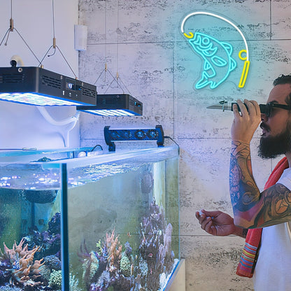 Fishing Neon Sign LED Wall Decor, Dimmable Multicolor Go Fishing Hook Neon Light for Man Cave, Bedroom