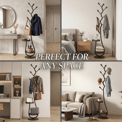 Clothing Rack with Shelf Freestanding Metal Garment Rack - Standalone Vertical Clothes Organizer with Coat Hat Hooks