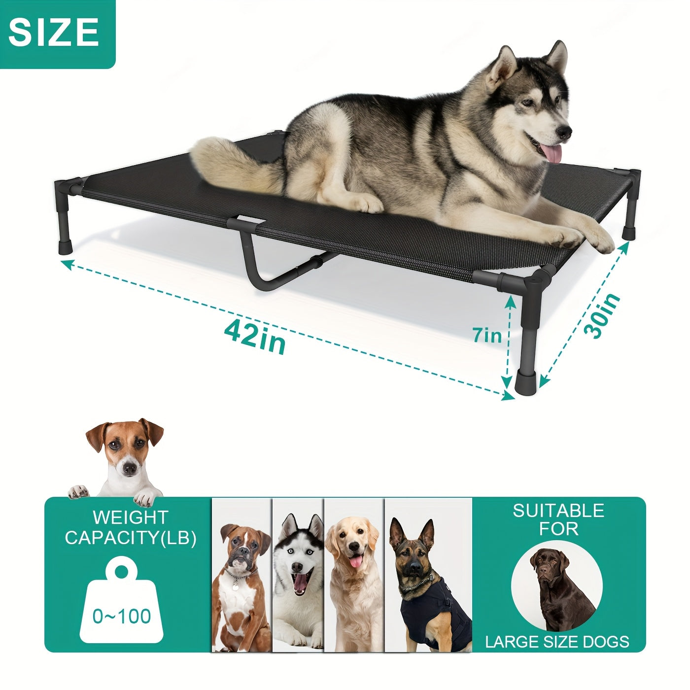 Elevated Dog Bed Cooling Cot – Breathable Mesh Dog Cot for Indoor and Outdoor Use, No-Tool Assembly Anti-Slip Feet Frame
