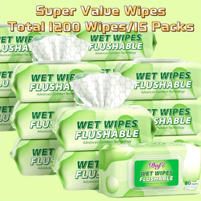 Flushable Wipes for Adults 1200 Count 15 Packs Unscented Toilet Wipes No Alcohol 100% Plant for Entryways, Bedrooms and Living Spaces