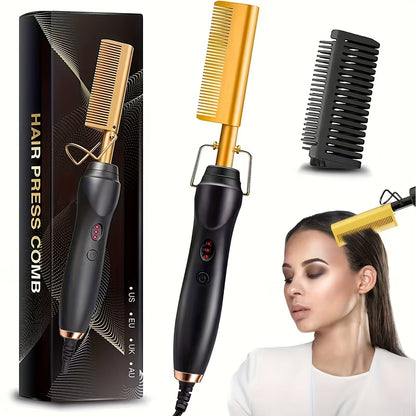 Electric Hot Comb Hair Styling Tool with Ceramic Heater, Holder, Two Clips and Five Color Options