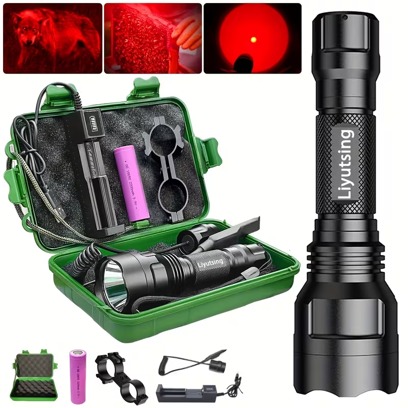 Flashlight Red, Green or White Hunting Light with Remote Switch, 18650 Battery and Mount Options