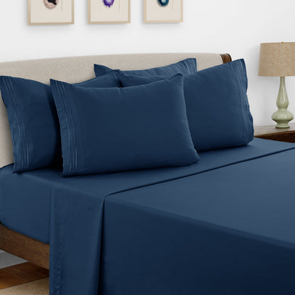 Bed Sheet Set Brushed Microfiber with Embroidered Pillowcases, 16-Inch Pocket and 4- or 6-Piece Sizing
