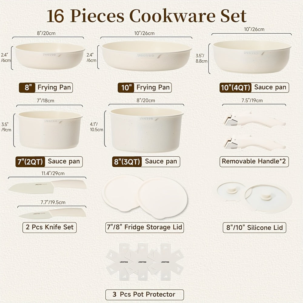 Cookware Set A Dinnerware 16- or 26-Piece Detachable-Handle Pots and Pans in Black or Beige for Compact Storage