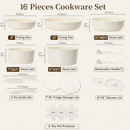 Cookware Set A Dinnerware 16- or 26-Piece Detachable-Handle Pots and Pans in Black or Beige for Compact Storage