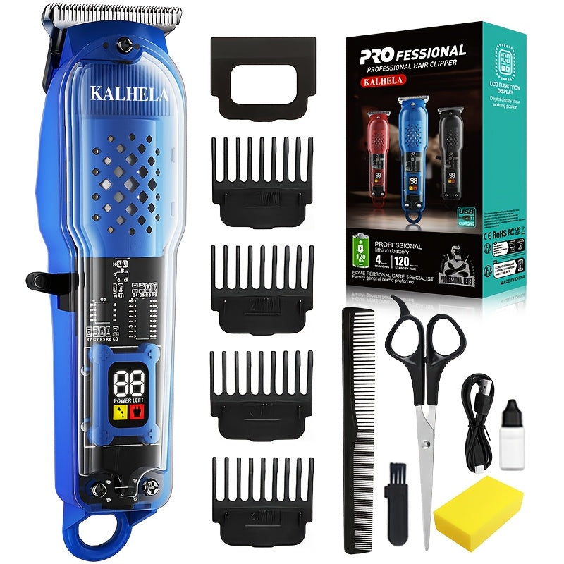 Transparent Electric Hair Clipper with Digital Display, Four Guide Combs, Grooming Tools and Red, Black or Blue Finish